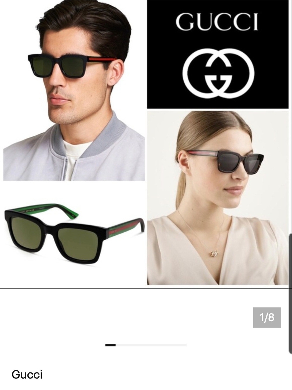 Gucci Black Sunglasses with Green Lenses and Red-Green Temple Stripe